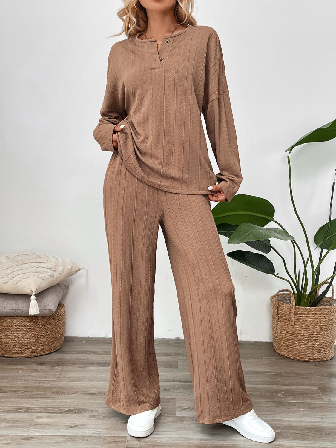 Perfee Quarter Button Long Sleeve Top and Pants Set - ViarousViarousViarous
