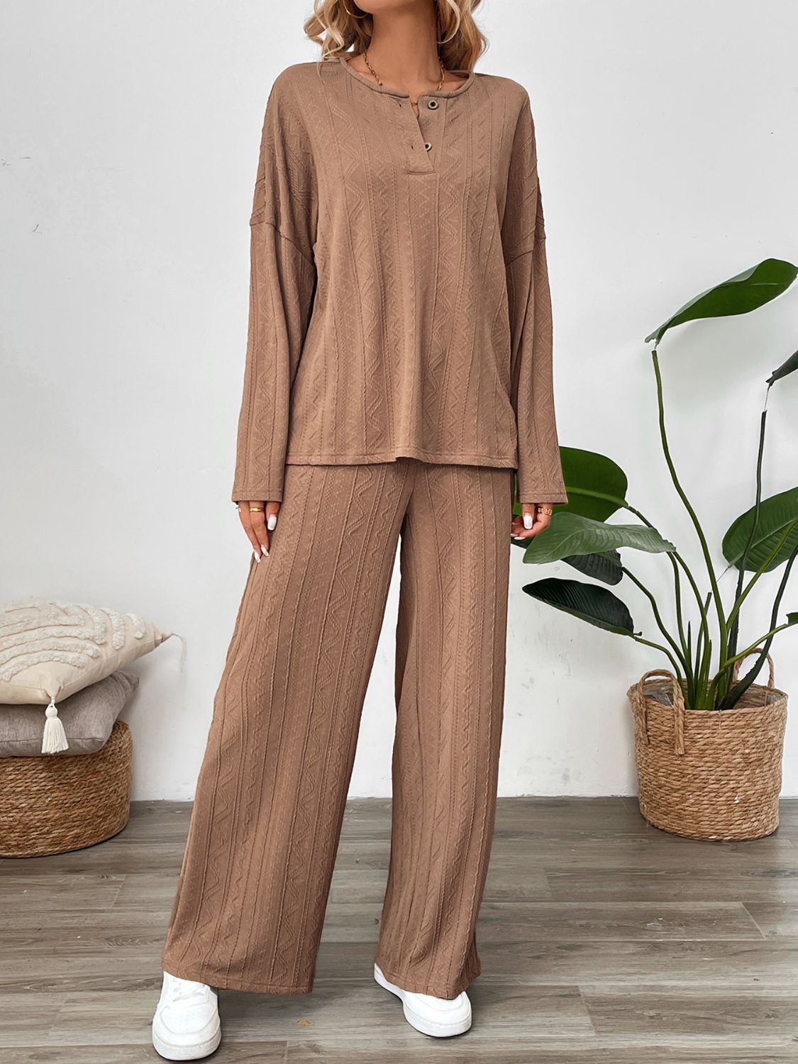 Perfee Quarter Button Long Sleeve Top and Pants Set - ViarousViarousViarous