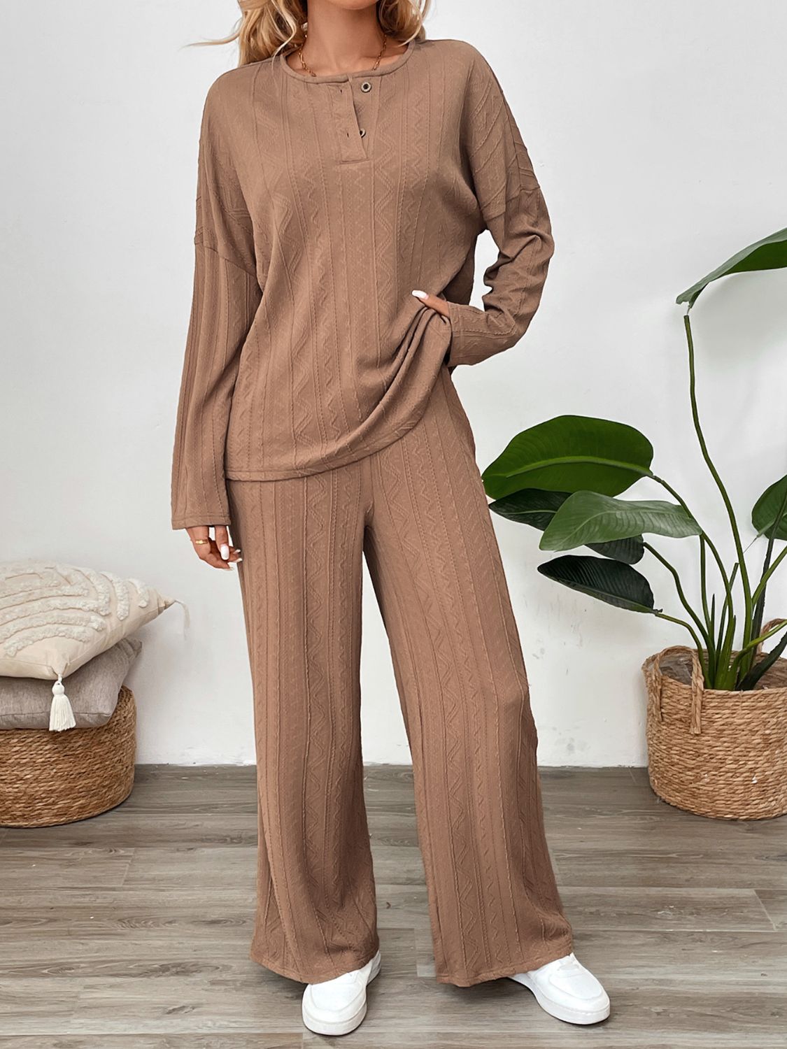 Perfee Quarter Button Long Sleeve Top and Pants Set - ViarousViarousViarous