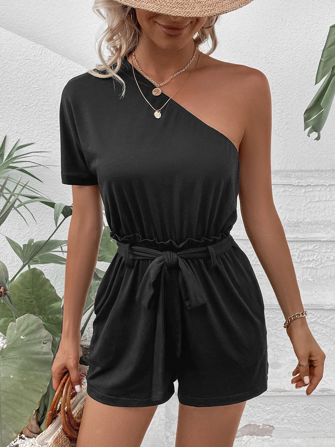 Perfee Single Shoulder Tie Waist Romper - ViarousViarousViarous