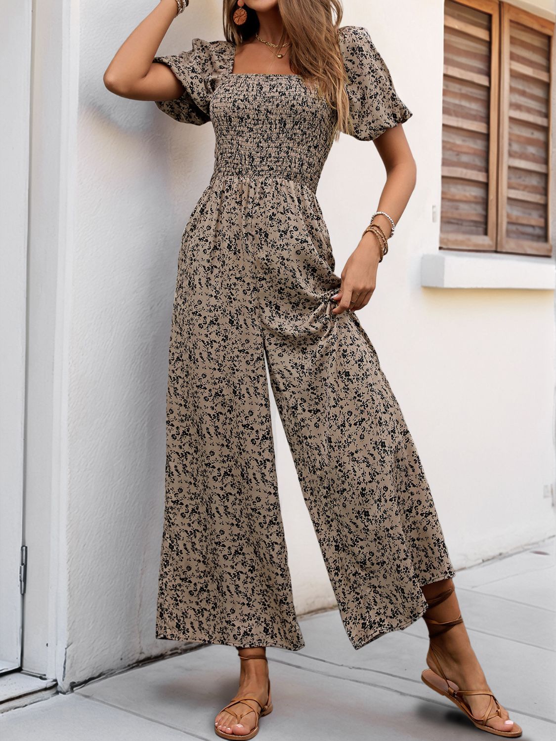 Perfee Smocked Printed Square Neck Puff Sleeve Jumpsuit - ViarousViarousViarous