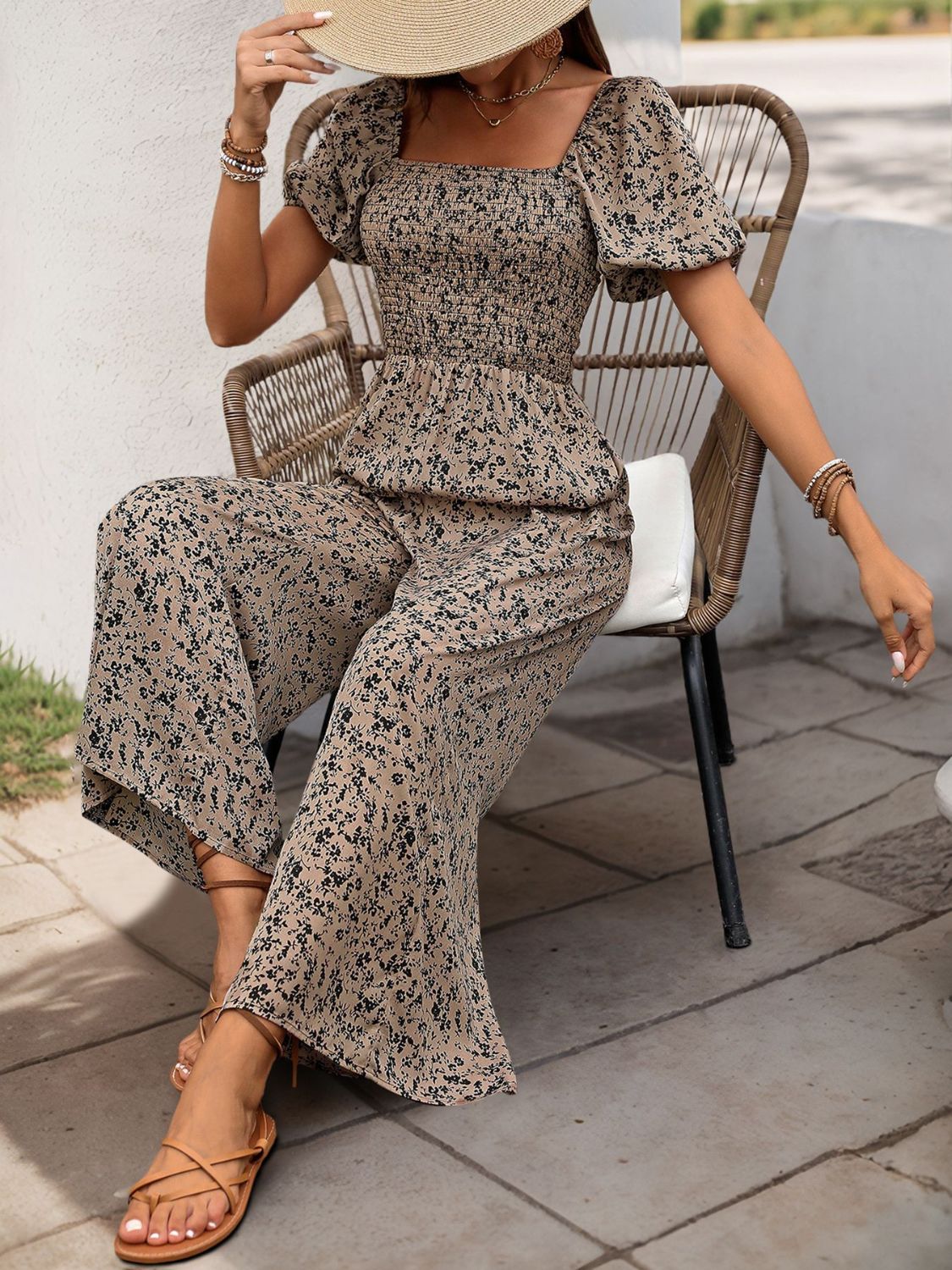 Perfee Smocked Printed Square Neck Puff Sleeve Jumpsuit - ViarousViarousViarous