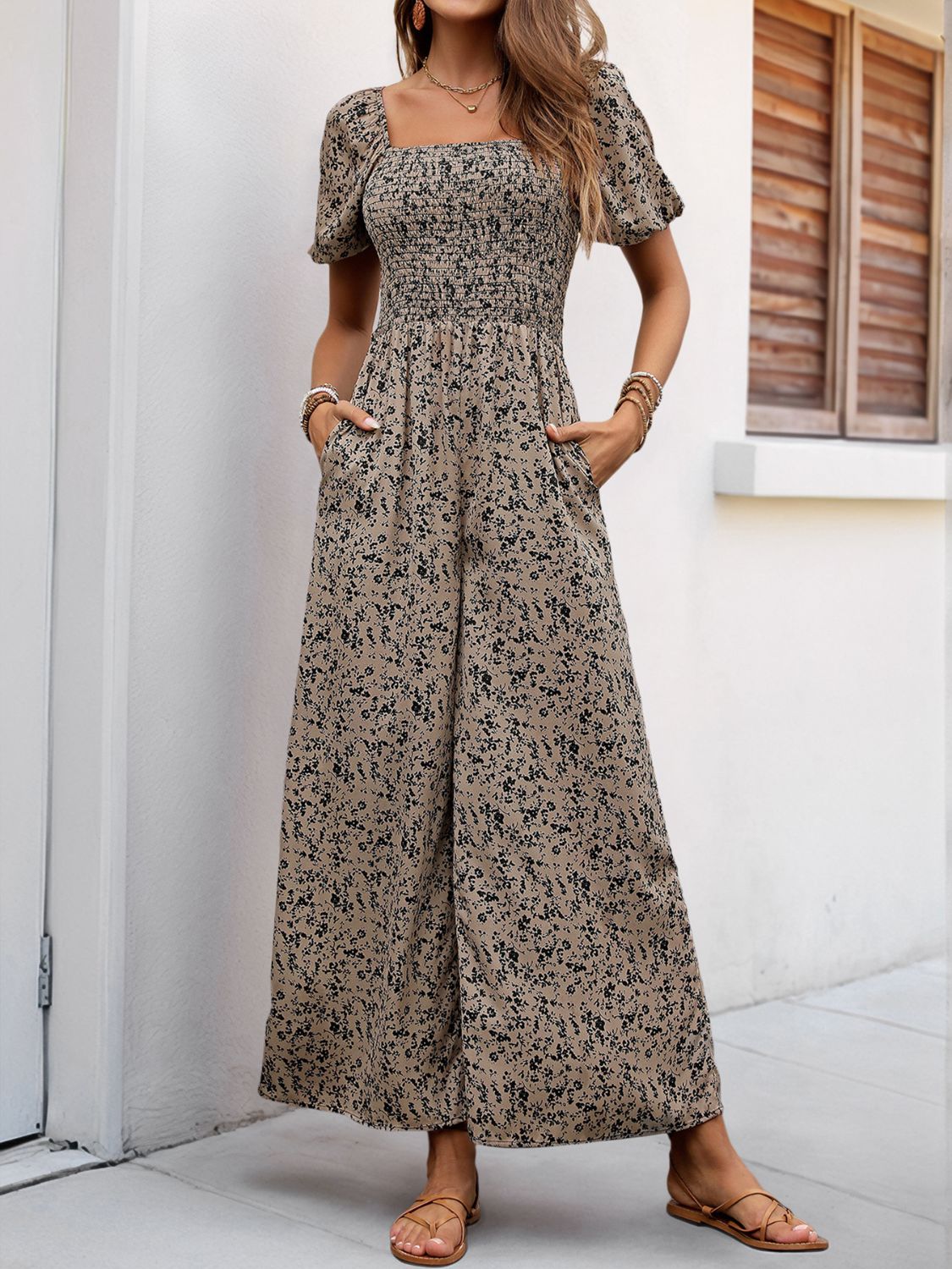 Perfee Smocked Printed Square Neck Puff Sleeve Jumpsuit - ViarousViarousViarous