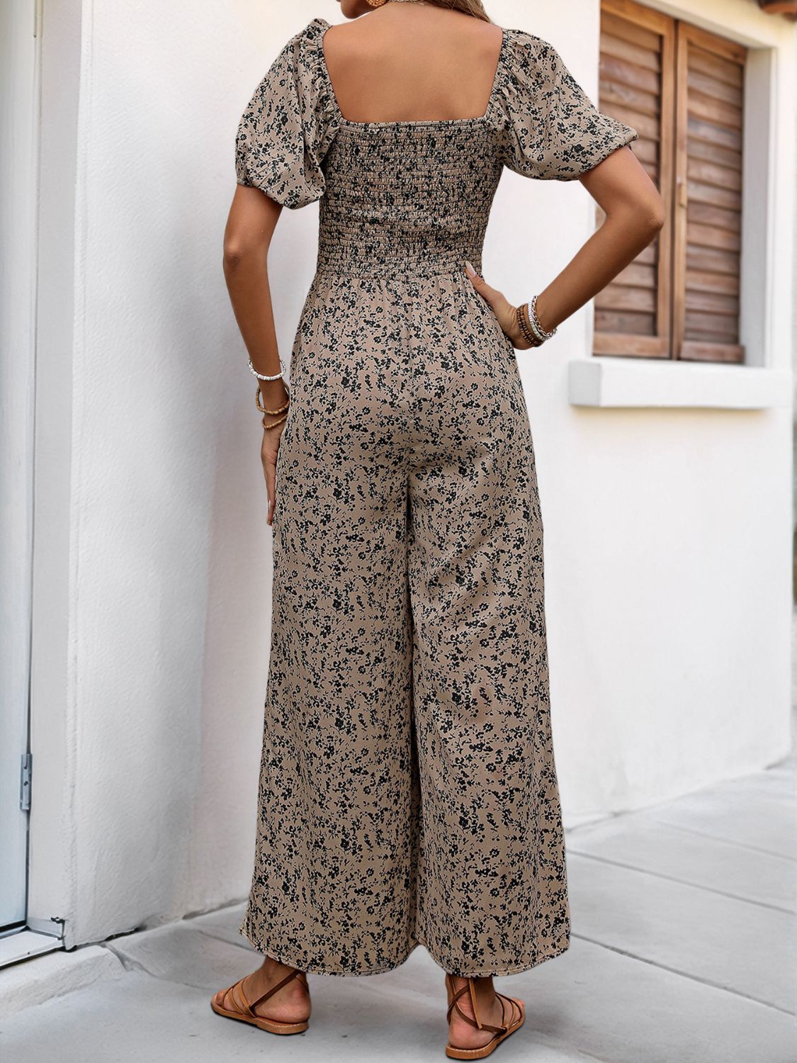 Perfee Smocked Printed Square Neck Puff Sleeve Jumpsuit - ViarousViarousViarous
