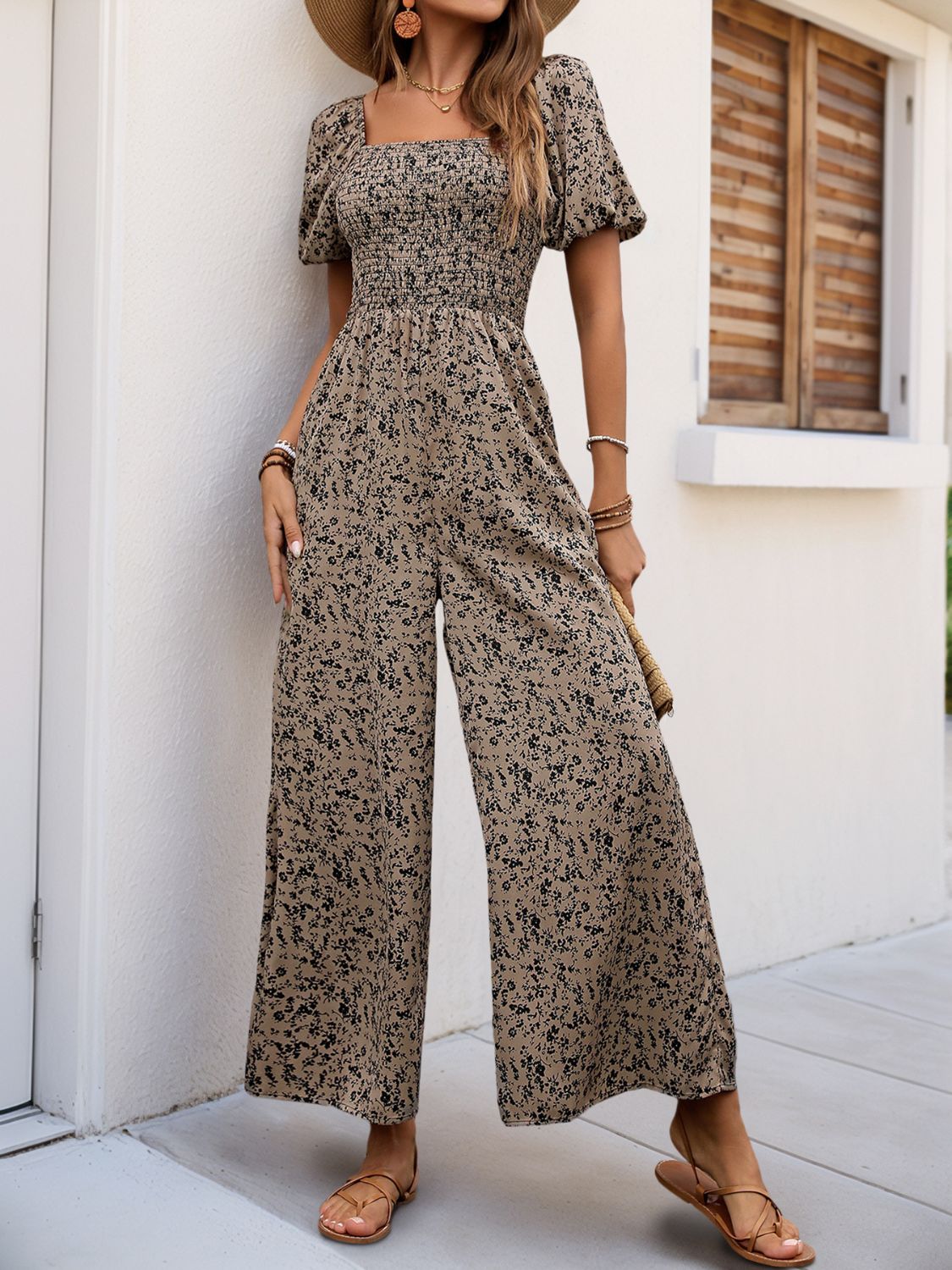 Perfee Smocked Printed Square Neck Puff Sleeve Jumpsuit - ViarousViarousViarous