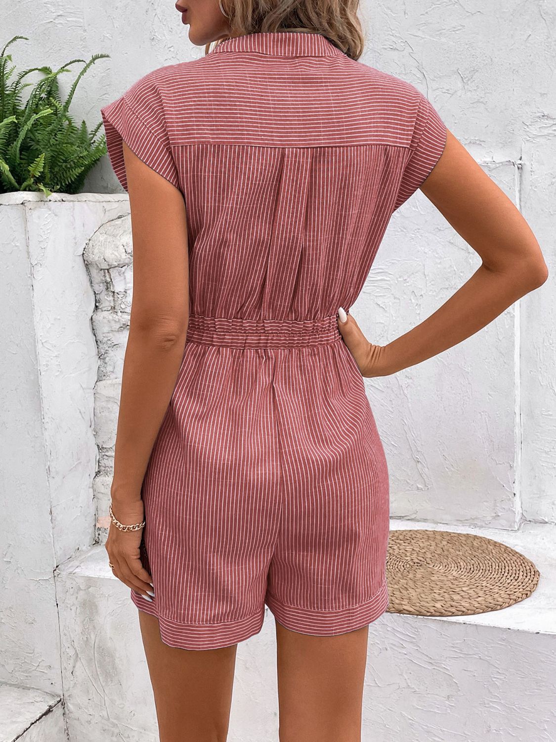 Perfee Striped Notched Tie Waist Romper - ViarousViarousViarous
