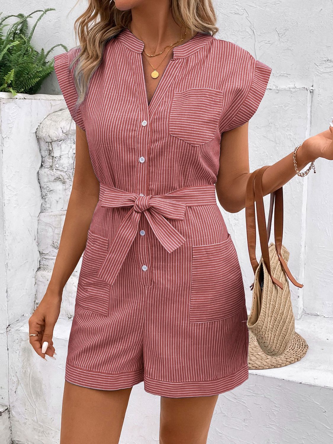 Perfee Striped Notched Tie Waist Romper - ViarousViarousViarous