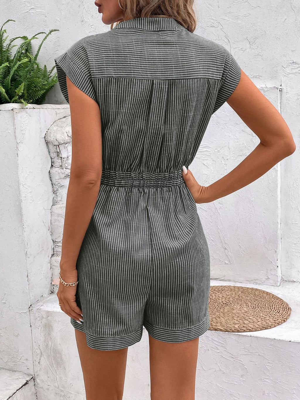 Perfee Striped Notched Tie Waist Romper - ViarousViarousViarous