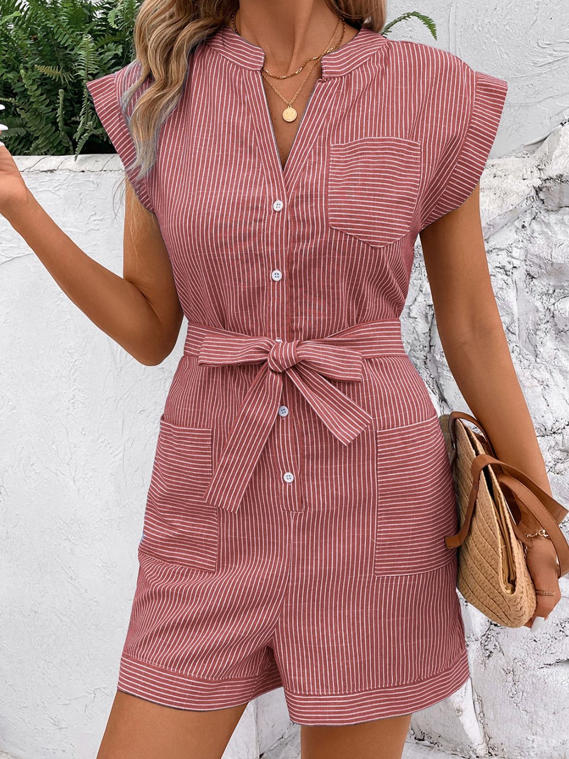 Perfee Striped Notched Tie Waist Romper - ViarousViarousViarous