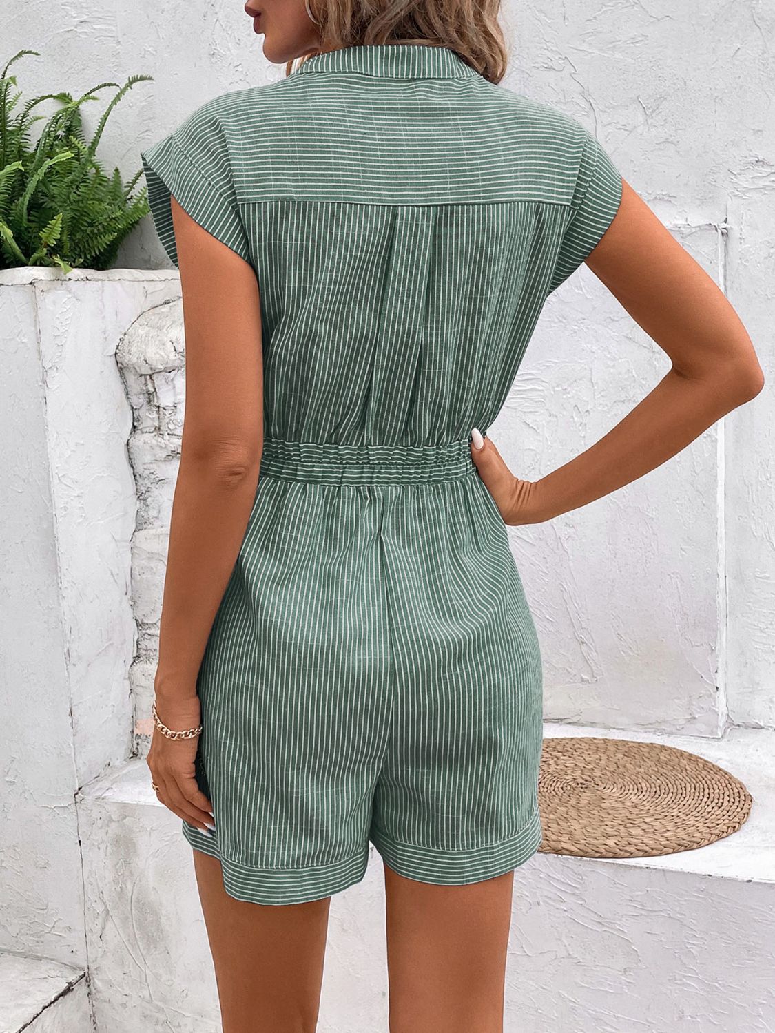 Perfee Striped Notched Tie Waist Romper - ViarousViarousViarous