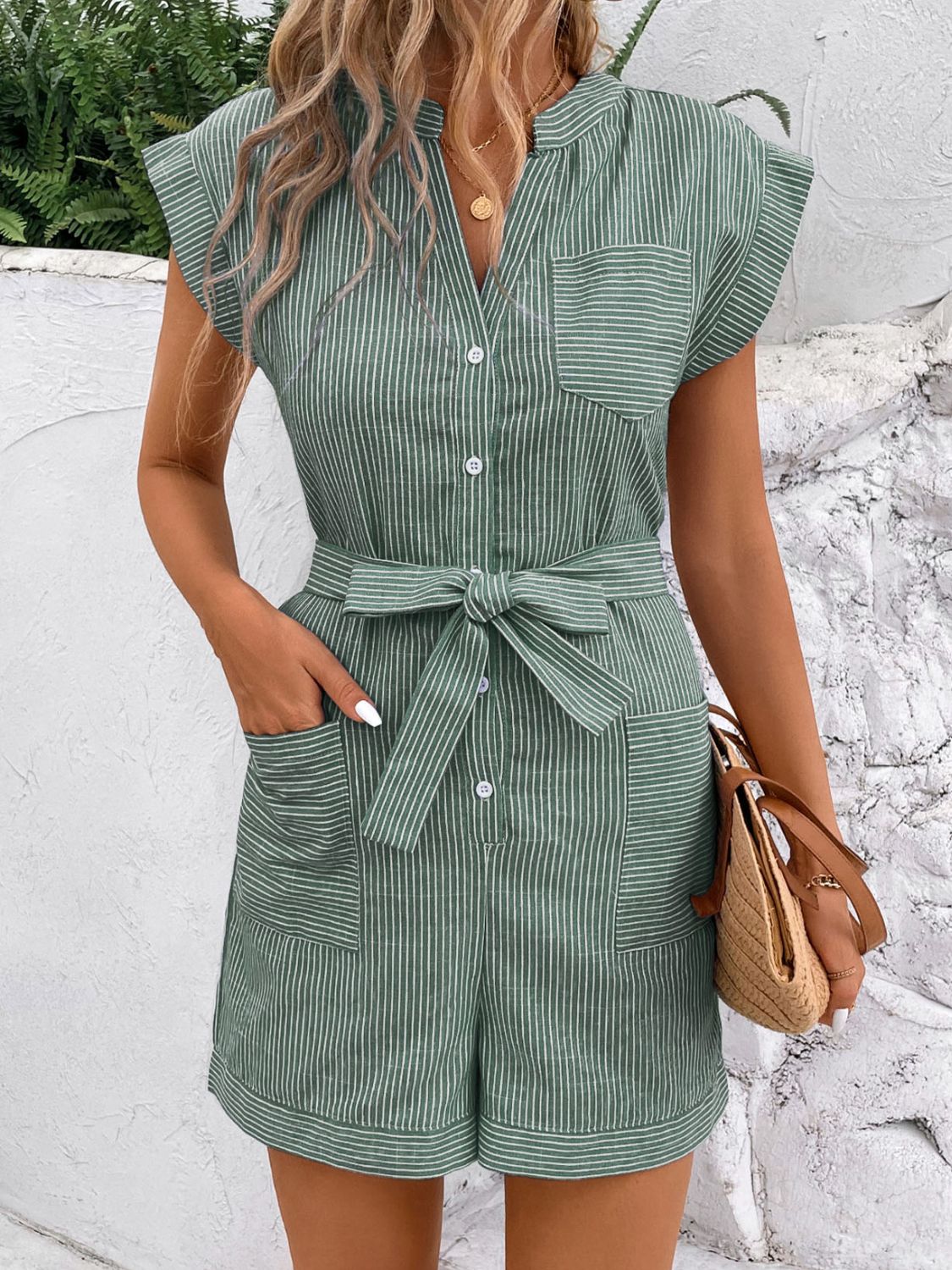Perfee Striped Notched Tie Waist Romper - ViarousViarousViarous