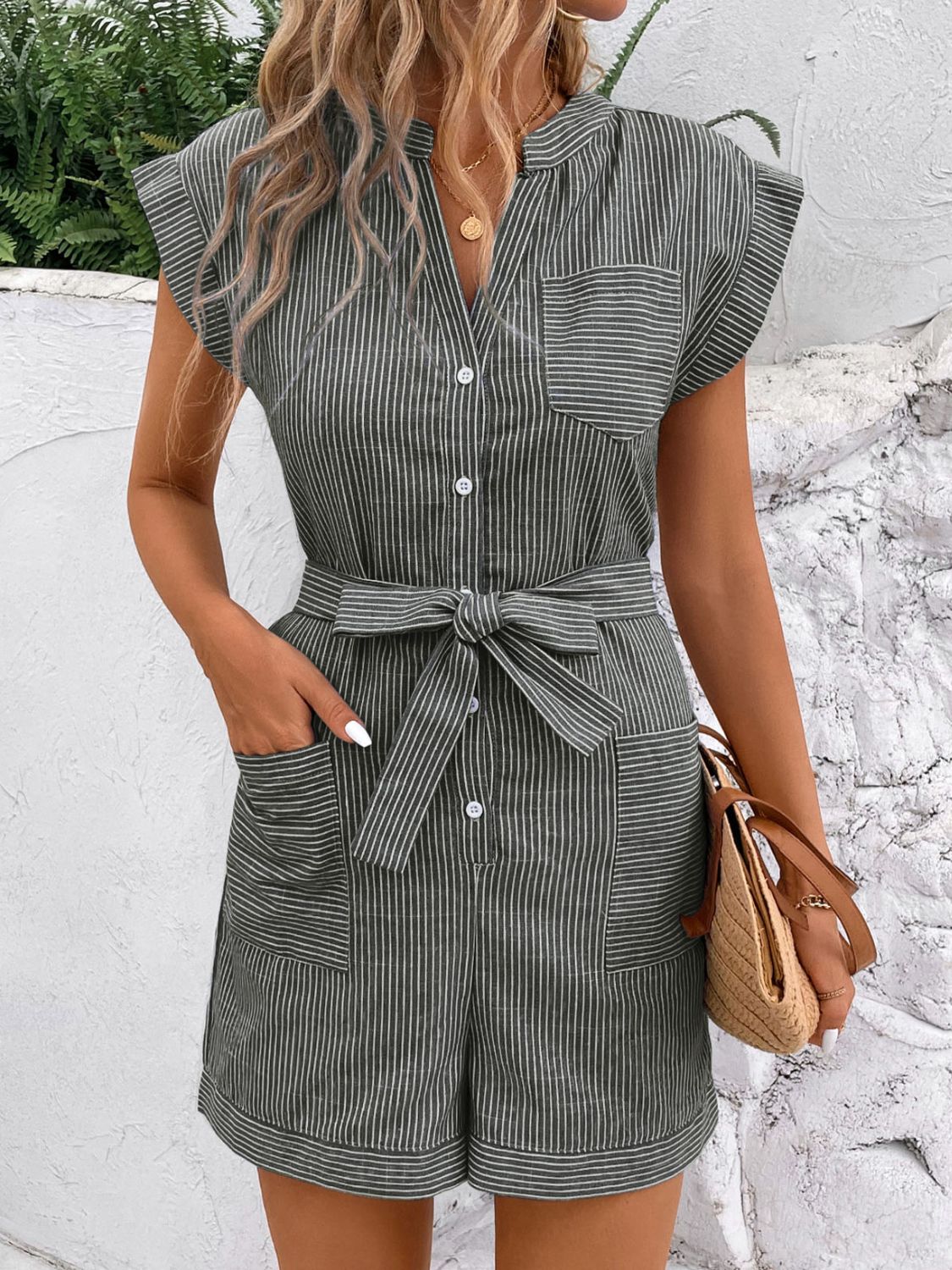 Perfee Striped Notched Tie Waist Romper - ViarousViarousViarous