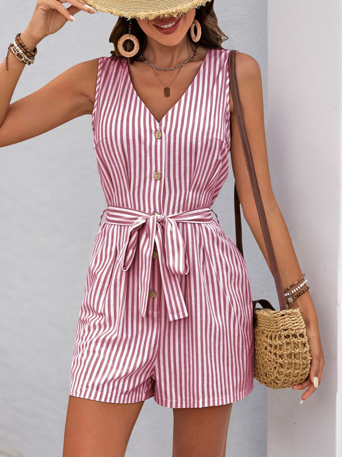 Perfee Striped V - Neck Tie Waist Romper - ViarousViarousViarous
