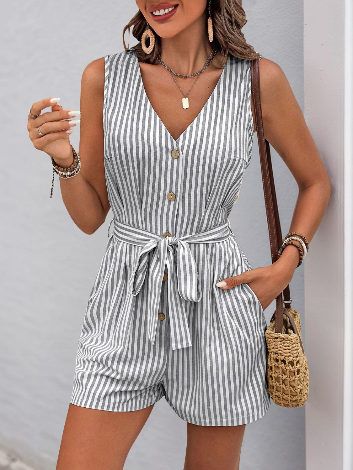 Perfee Striped V - Neck Tie Waist Romper - ViarousViarousViarous