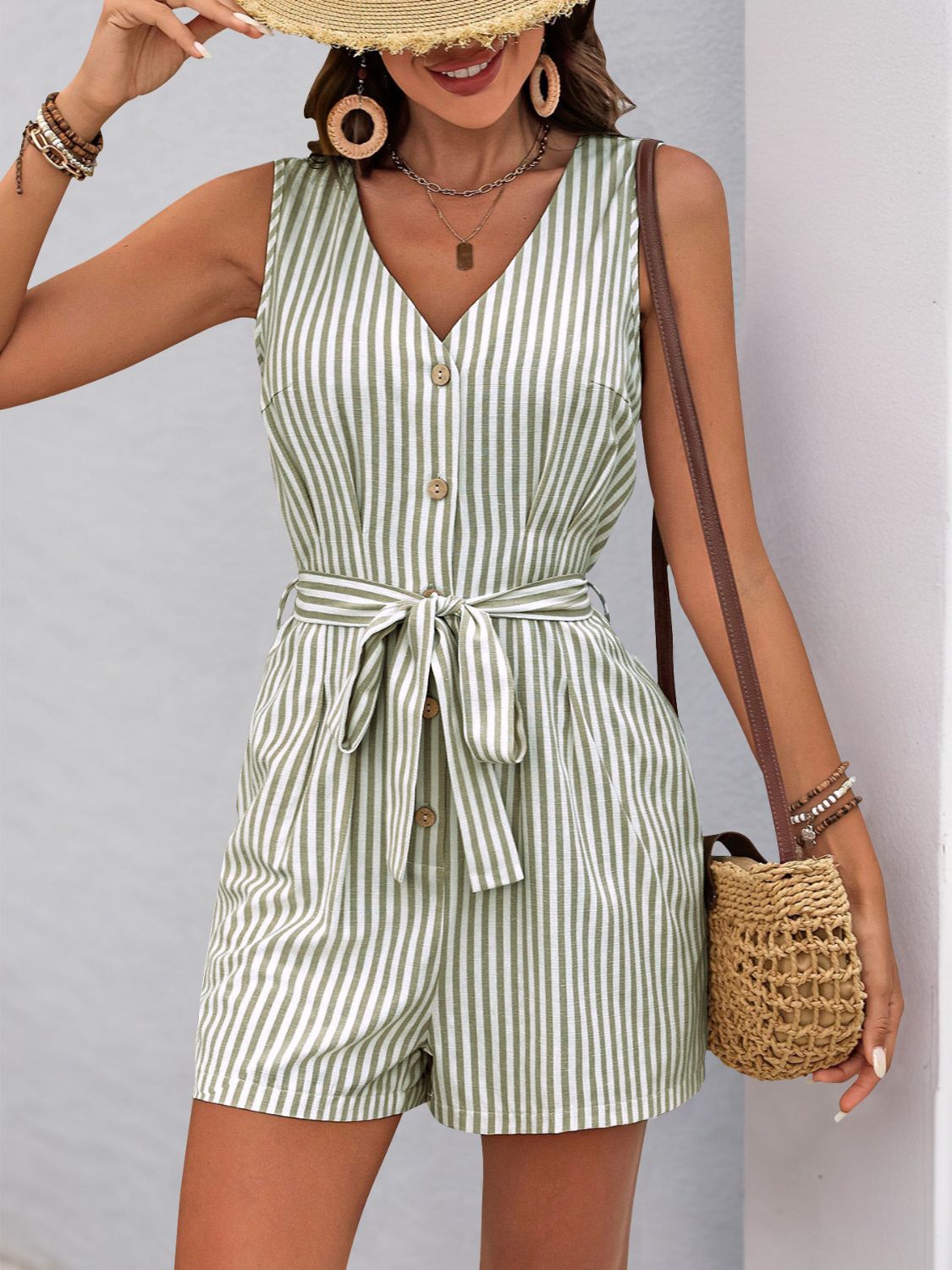 Perfee Striped V - Neck Tie Waist Romper - ViarousViarousViarous