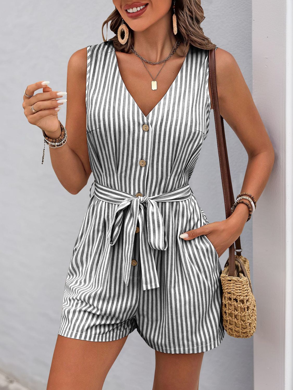 Perfee Striped V - Neck Tie Waist Romper - ViarousViarousViarous