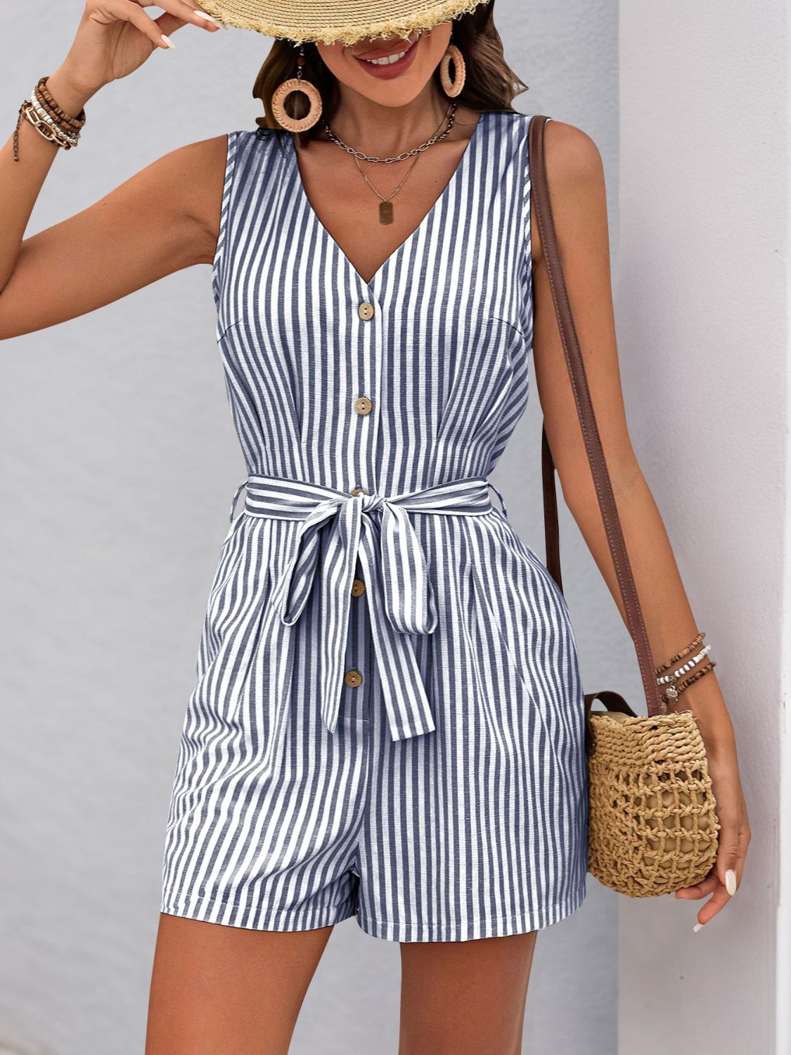 Perfee Striped V - Neck Tie Waist Romper - ViarousViarousViarous