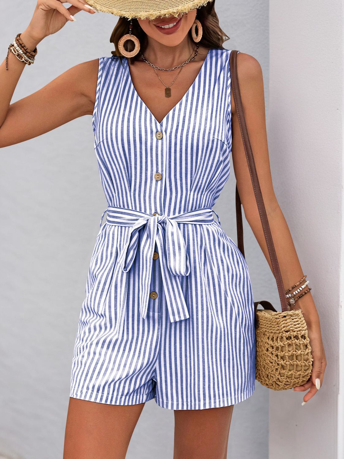 Perfee Striped V - Neck Tie Waist Romper - ViarousViarousViarous
