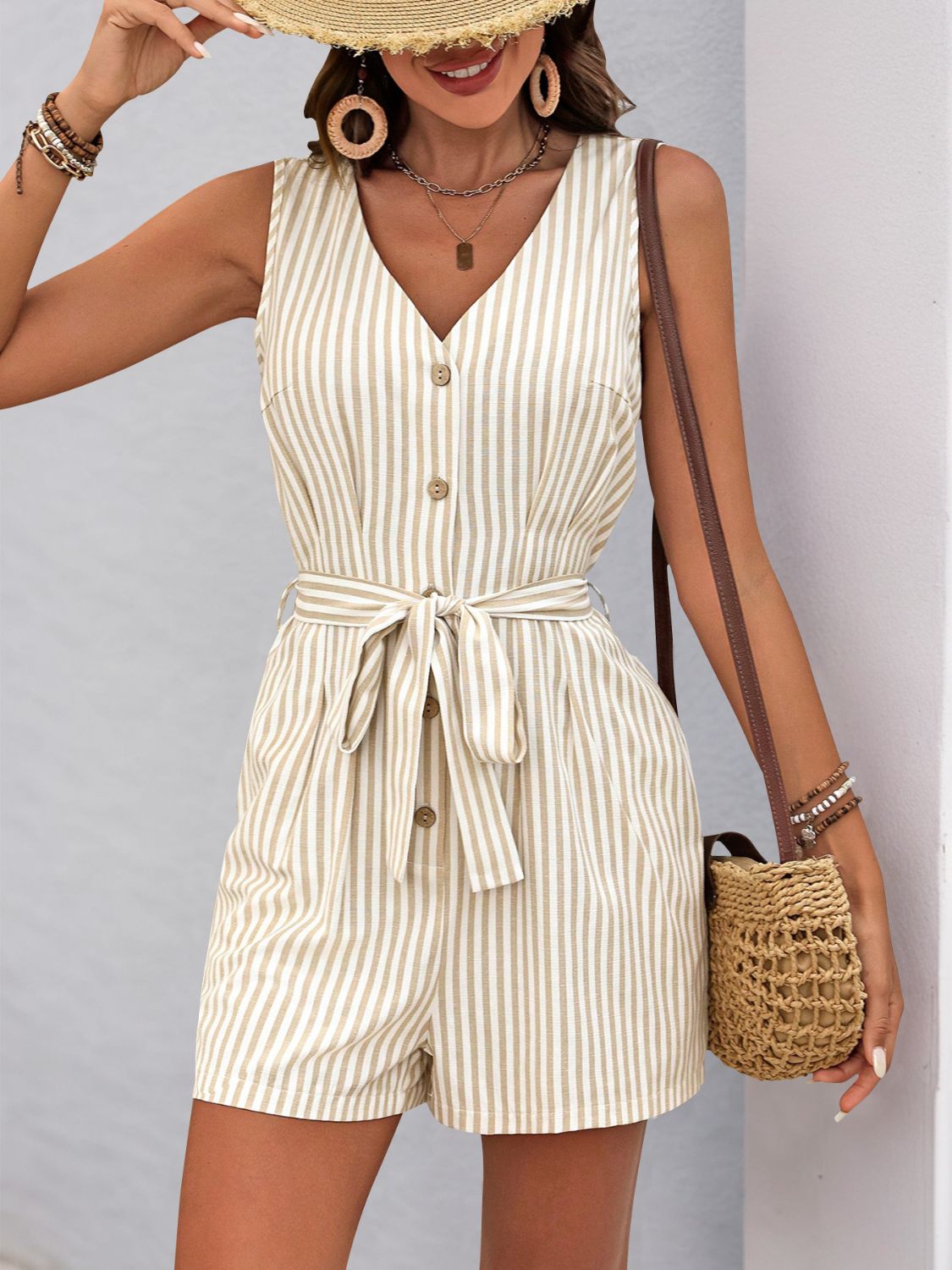 Perfee Striped V - Neck Tie Waist Romper - ViarousViarousViarous