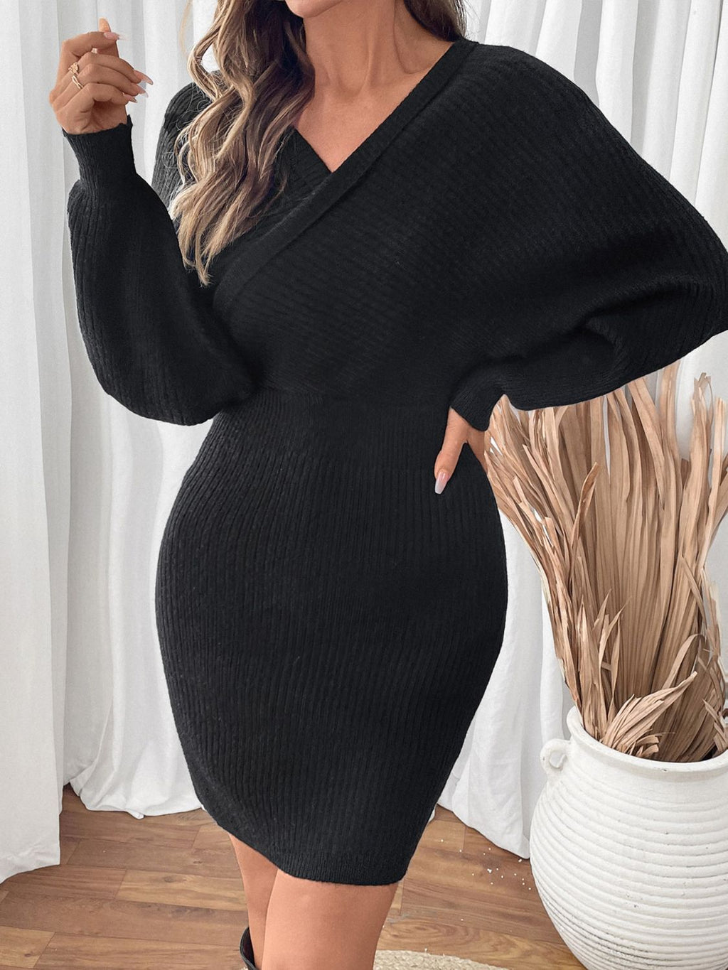 Perfee Surplice Long Sleeve Sweater Dress - ViarousViarousViarous