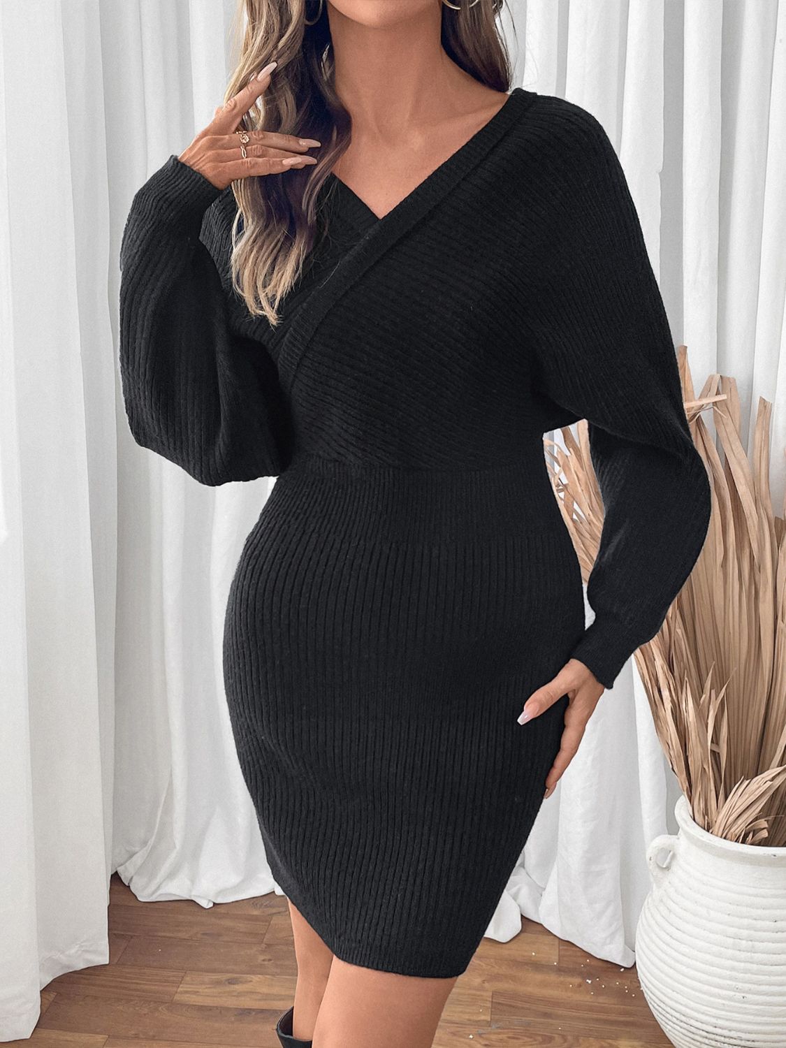 Perfee Surplice Long Sleeve Sweater Dress - ViarousViarousViarous