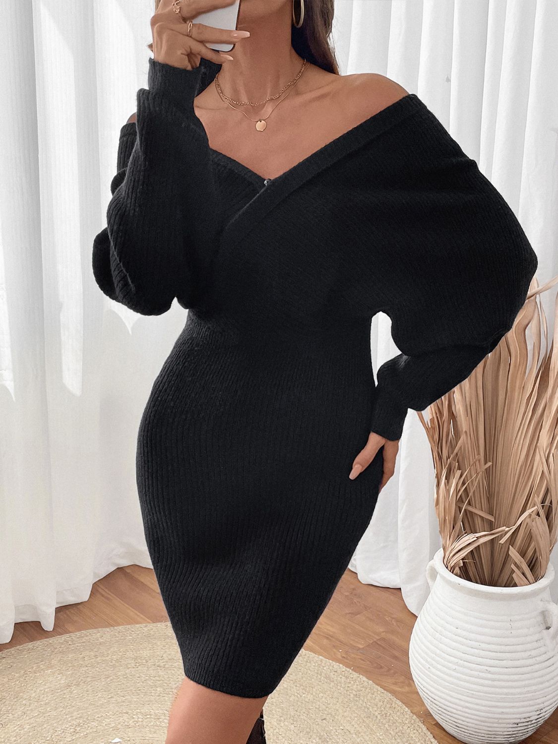 Perfee Surplice Long Sleeve Sweater Dress - ViarousViarousViarous