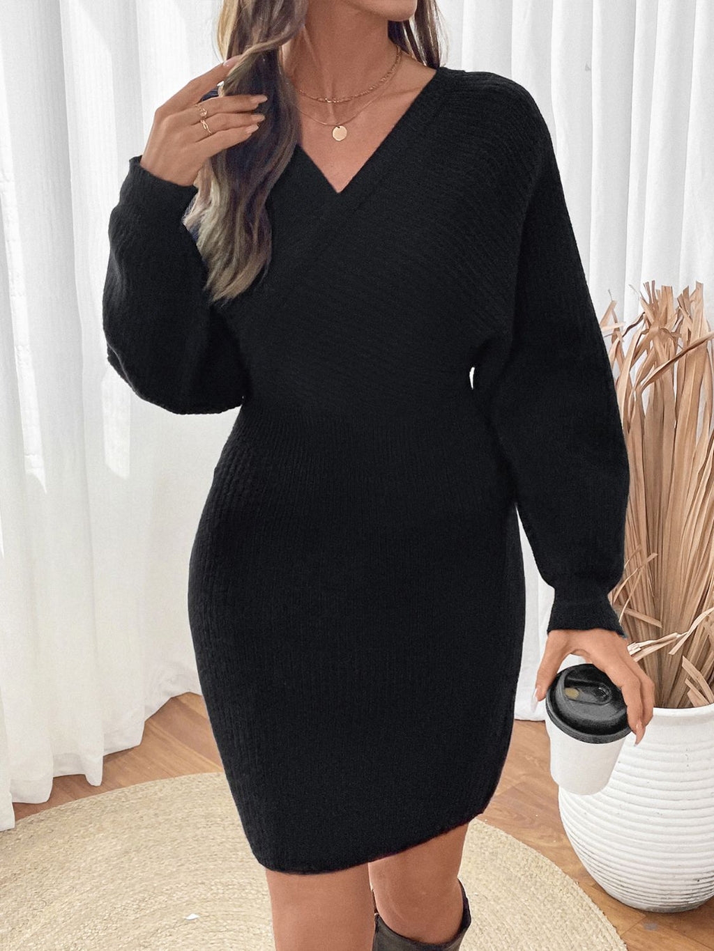 Perfee Surplice Long Sleeve Sweater Dress - ViarousViarousViarous