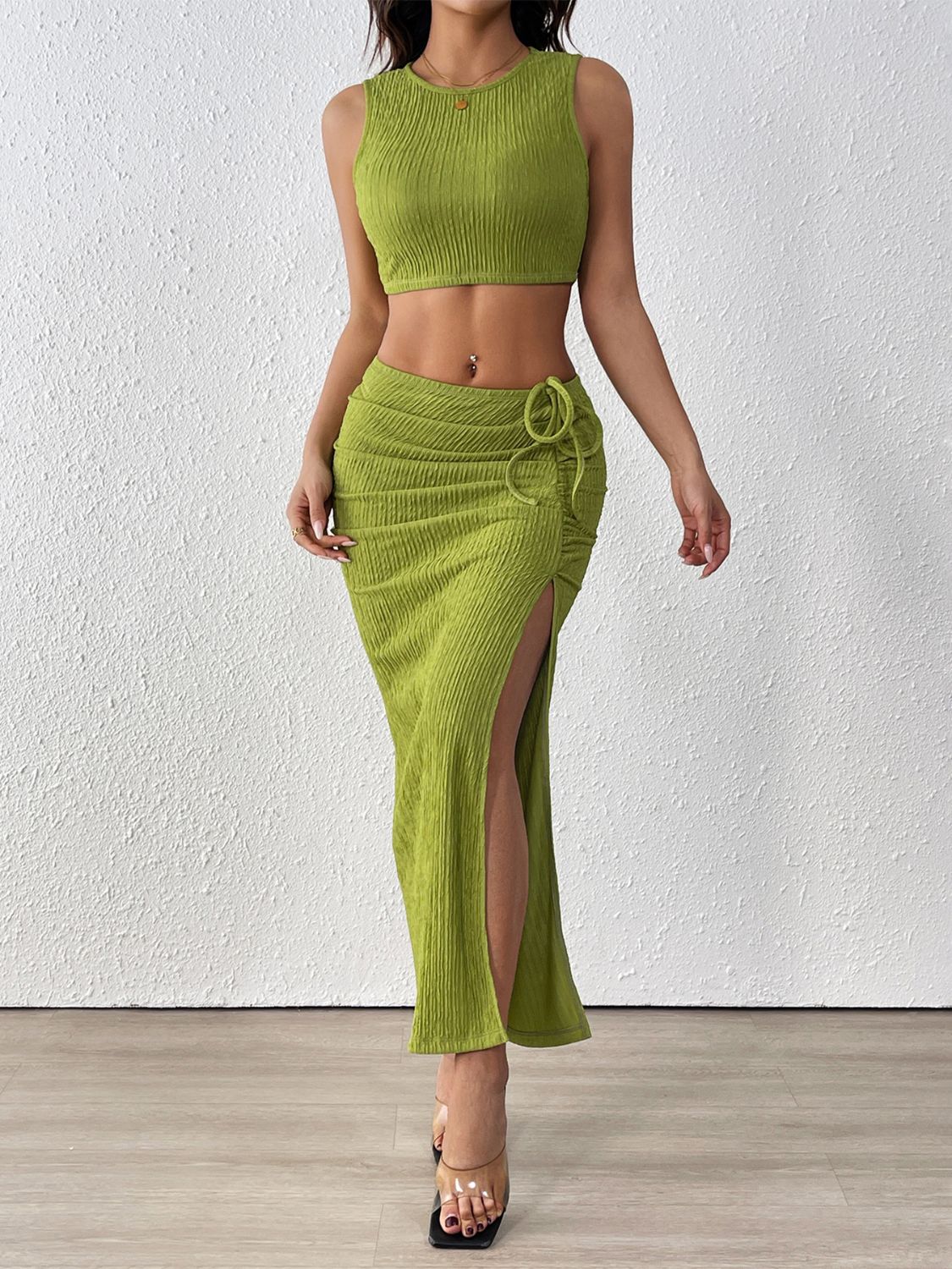 Perfee Texture Cropped Tank and Ruched Skirt Set - ViarousViarousViarous
