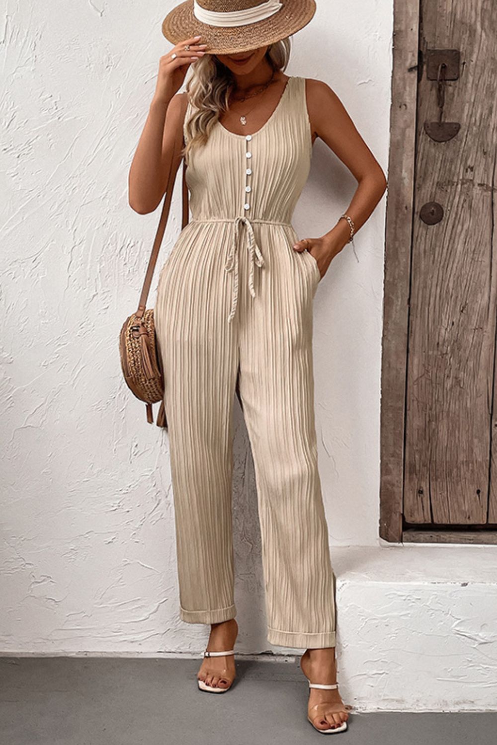 Perfee Textured Sleeveless Jumpsuit with Pockets - ViarousViarousViarous