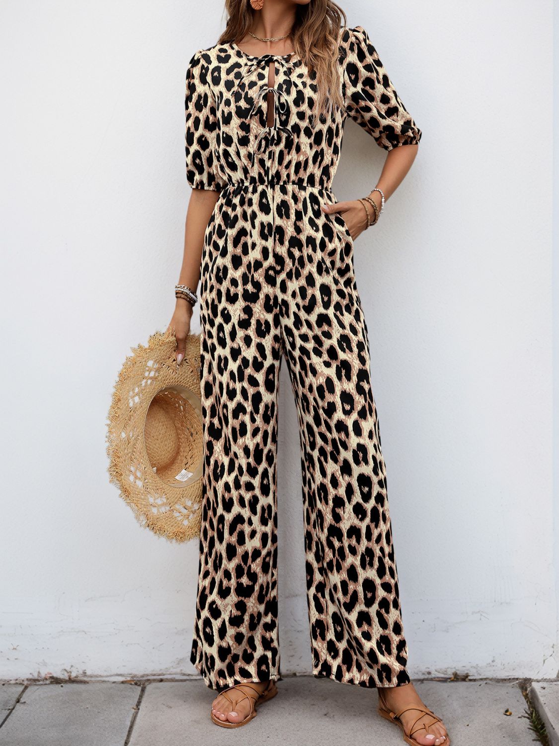Perfee Tied Leopard Half Sleeve Jumpsuit - ViarousViarousViarous