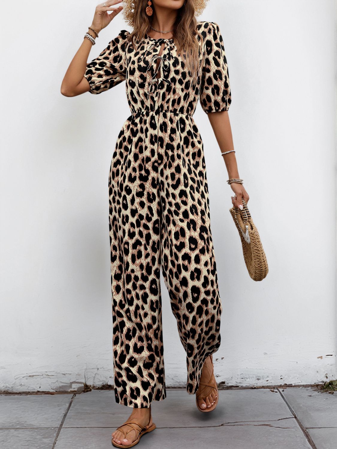 Perfee Tied Leopard Half Sleeve Jumpsuit - ViarousViarousViarous