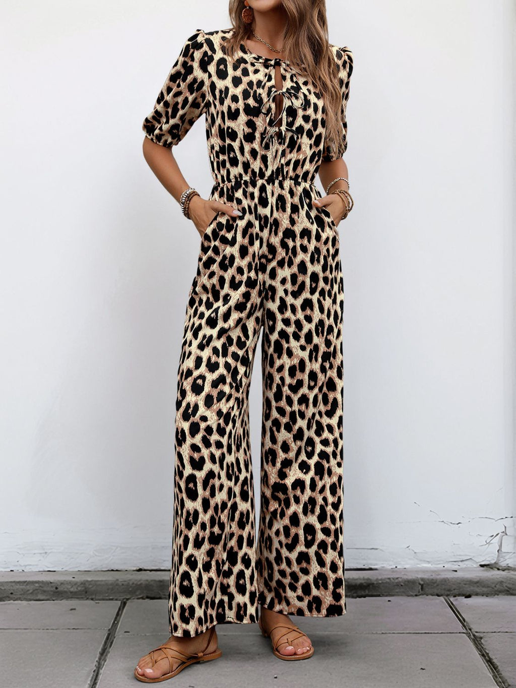 Perfee Tied Leopard Half Sleeve Jumpsuit - ViarousViarousViarous