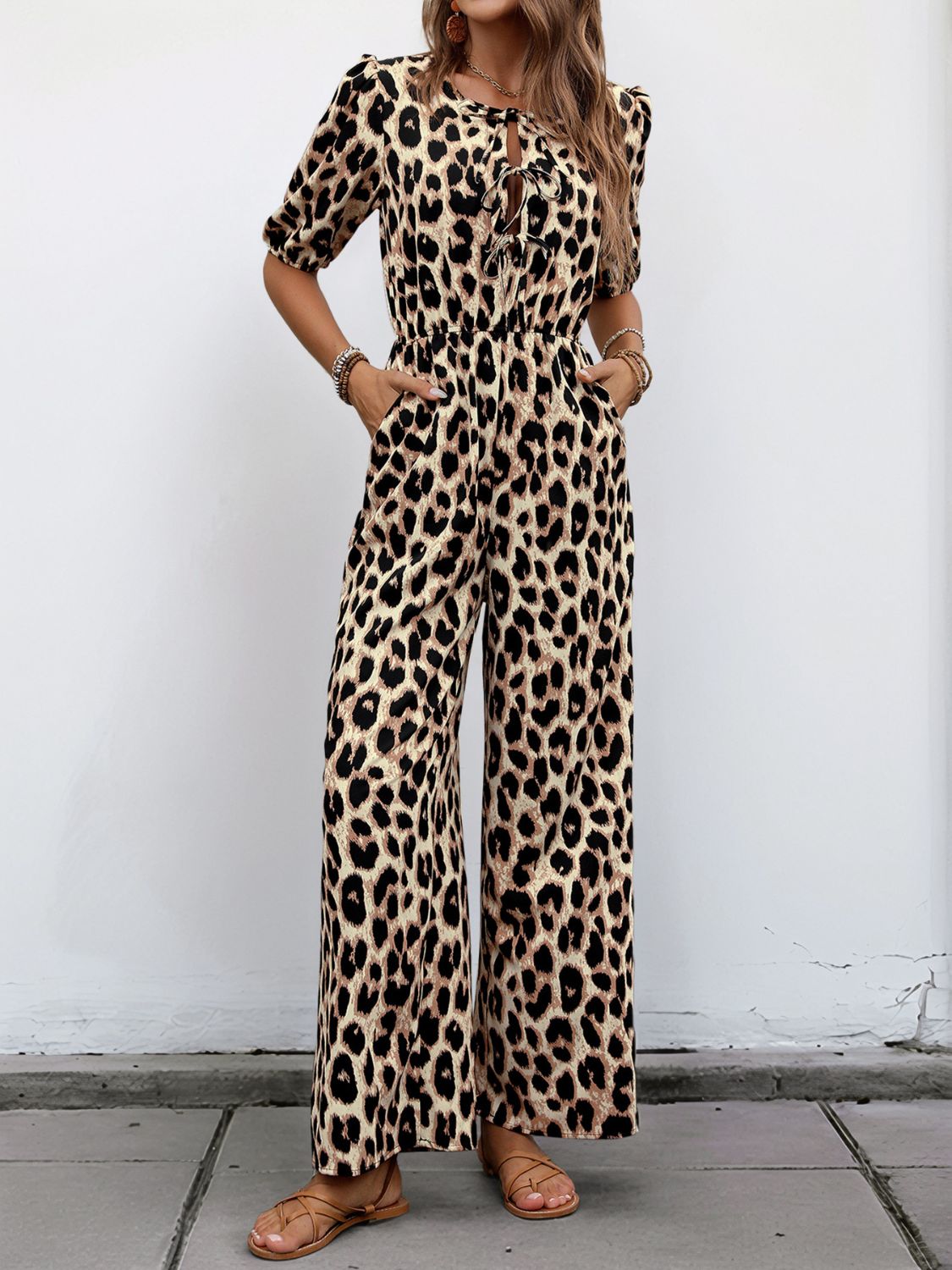 Perfee Tied Leopard Half Sleeve Jumpsuit - ViarousViarousViarous