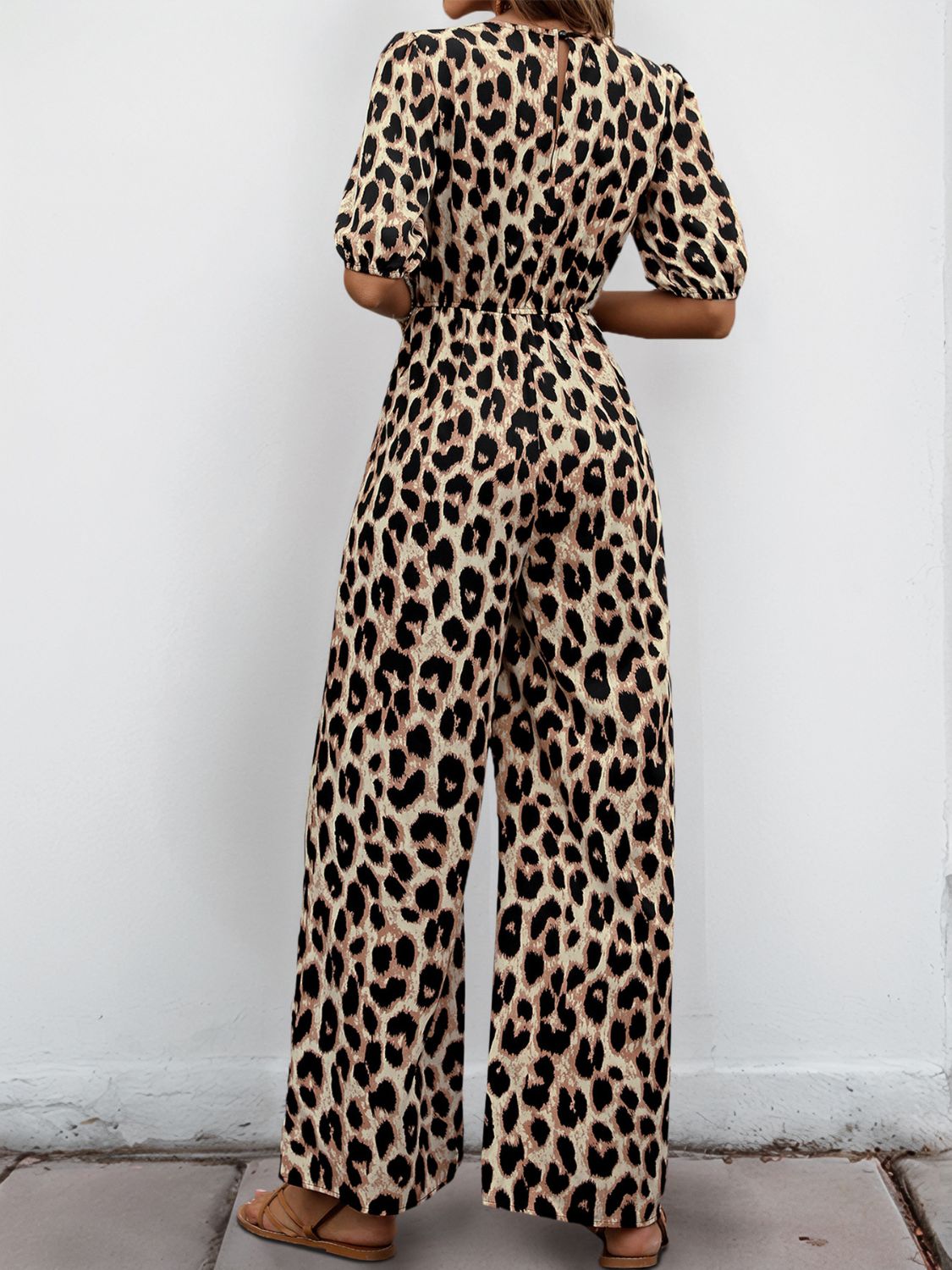 Perfee Tied Leopard Half Sleeve Jumpsuit - ViarousViarousViarous