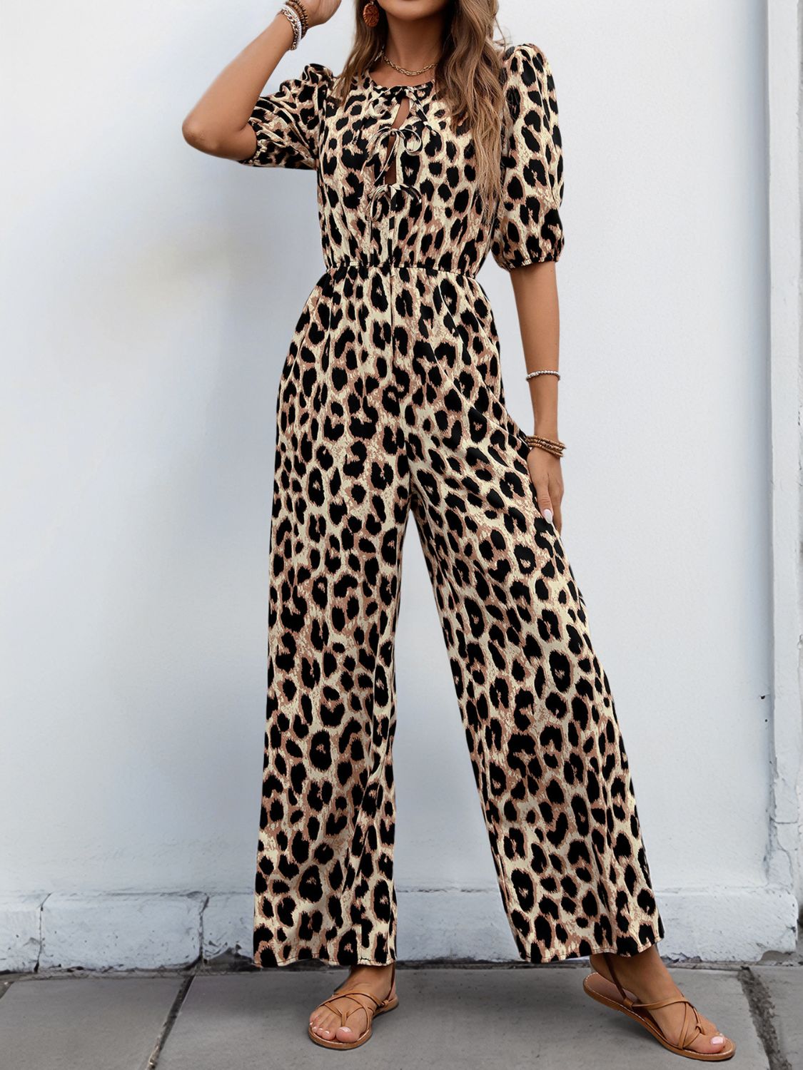 Perfee Tied Leopard Half Sleeve Jumpsuit - ViarousViarousViarous