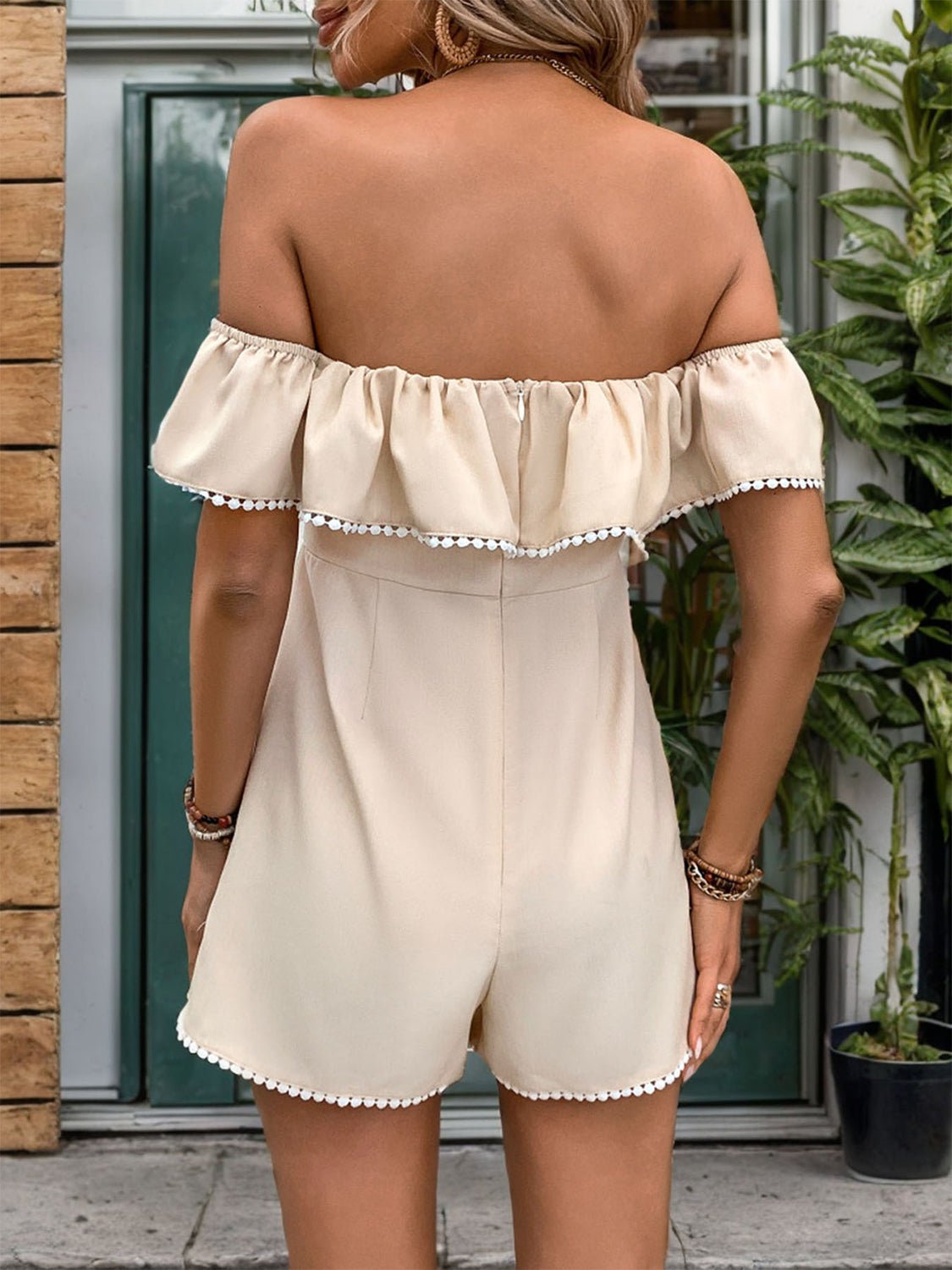Perfee Tied Ruffled Off - Shoulder Short Sleeve Romper - ViarousViarousViarous