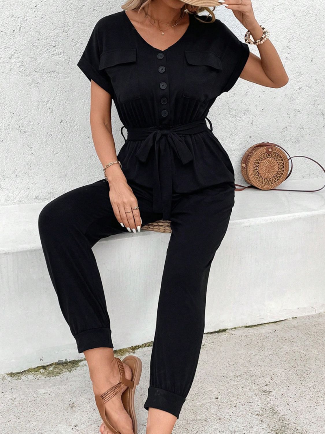 Perfee V - Neck Short Sleeve Jumpsuit - ViarousViarousViarous