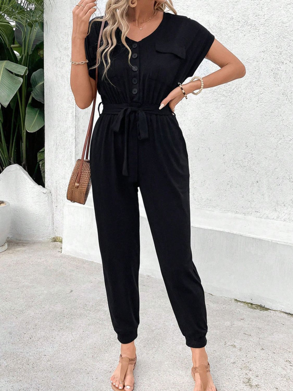 Perfee V - Neck Short Sleeve Jumpsuit - ViarousViarousViarous