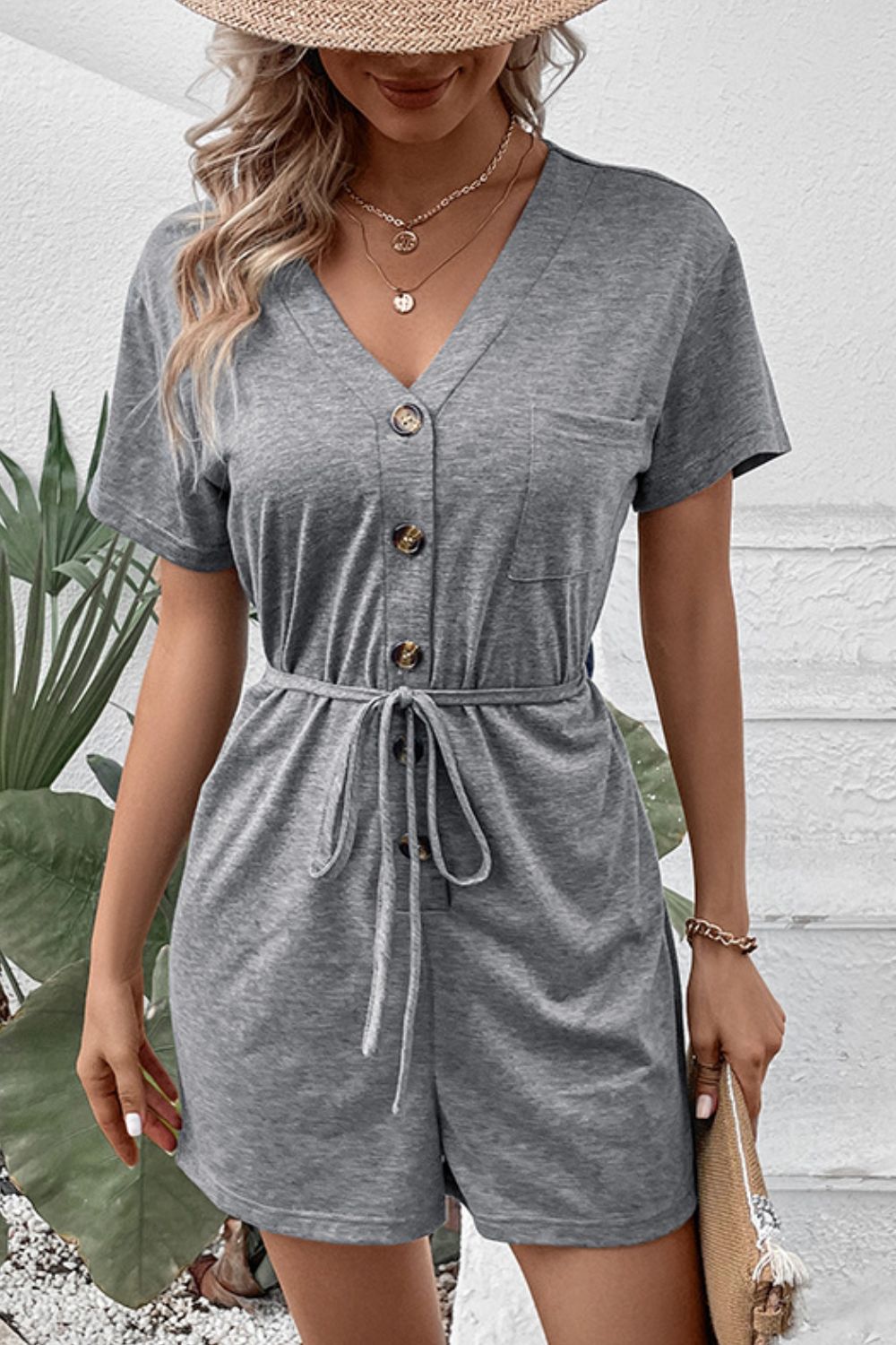 Perfee V - Neck Short Sleeve Tied Romper - ViarousViarousViarous