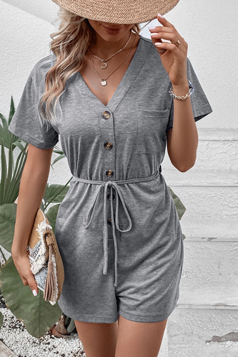 Perfee V - Neck Short Sleeve Tied Romper - ViarousViarousViarous