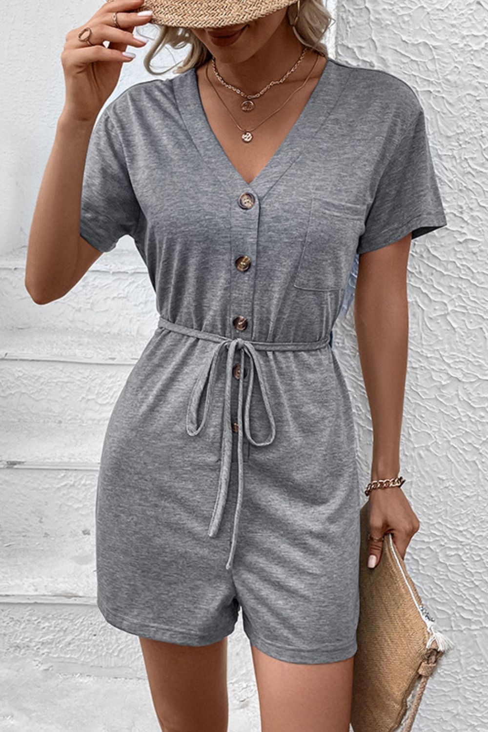 Perfee V - Neck Short Sleeve Tied Romper - ViarousViarousViarous