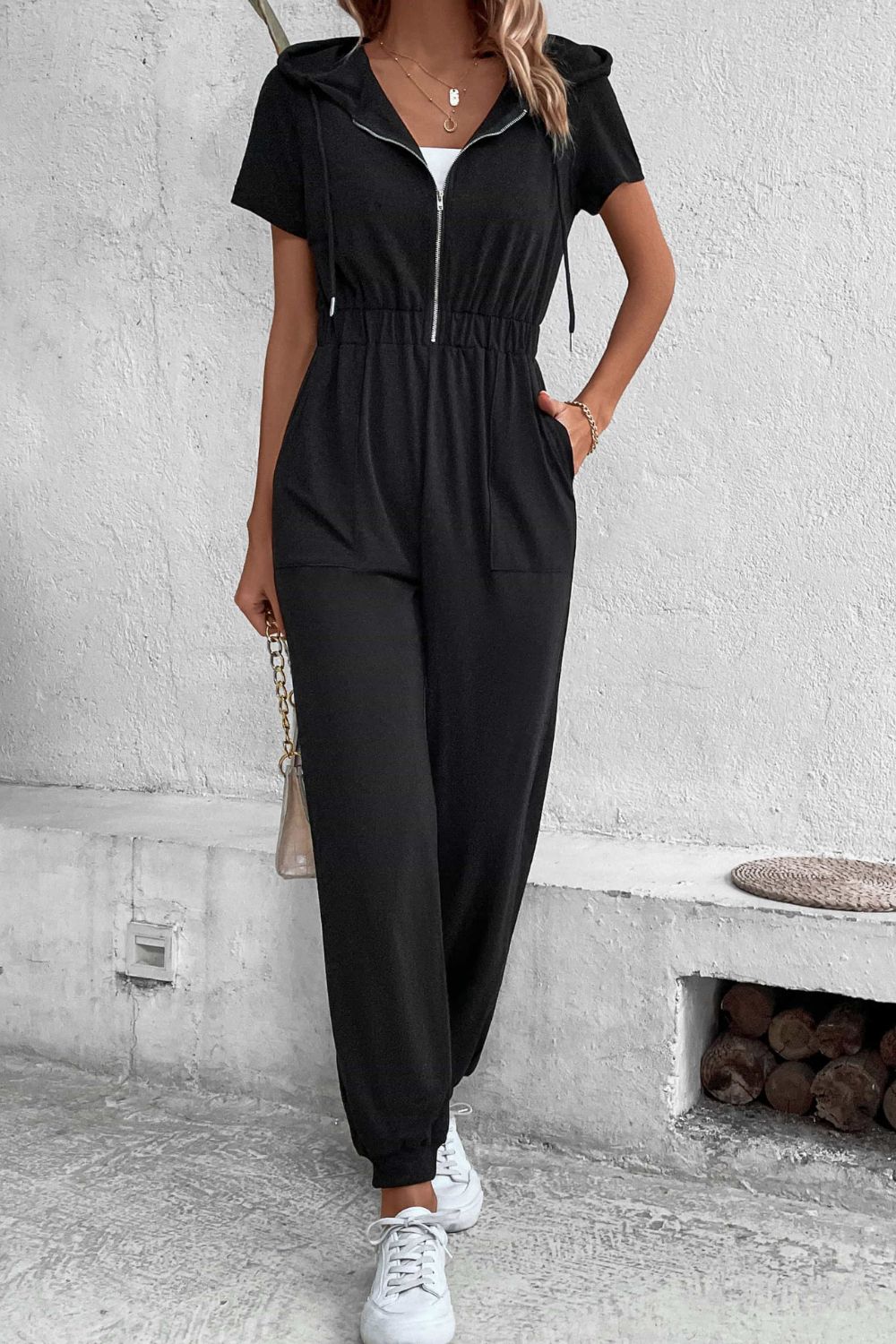 Perfee Zip - Up Short Sleeve Hooded Jumpsuit with Pockets - ViarousViarousViarous