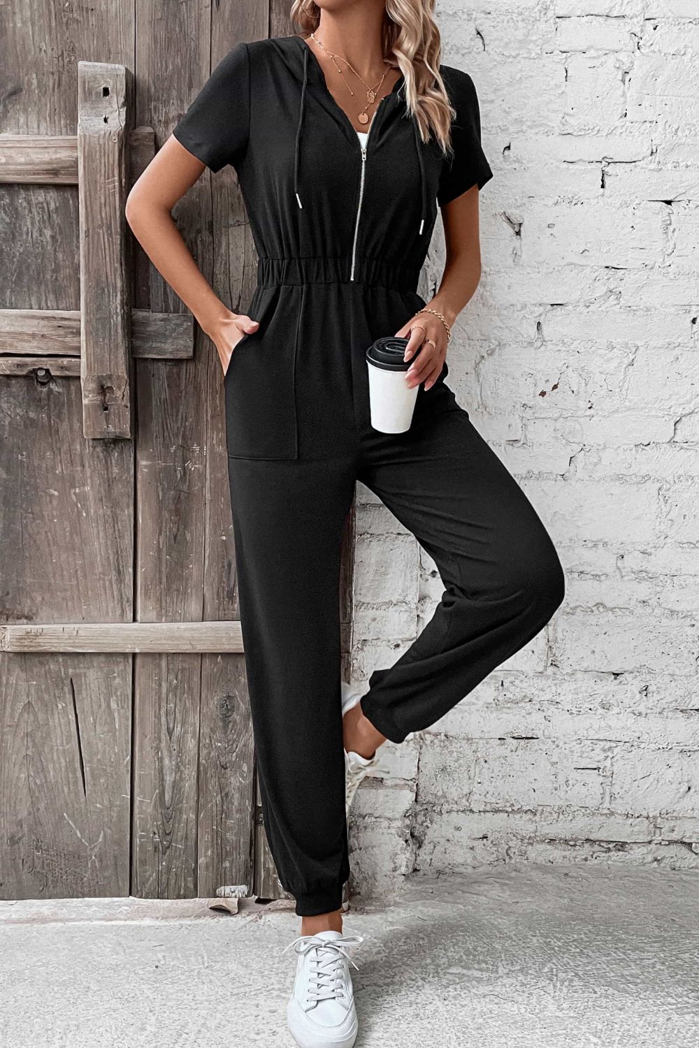 Perfee Zip - Up Short Sleeve Hooded Jumpsuit with Pockets - ViarousViarousViarous