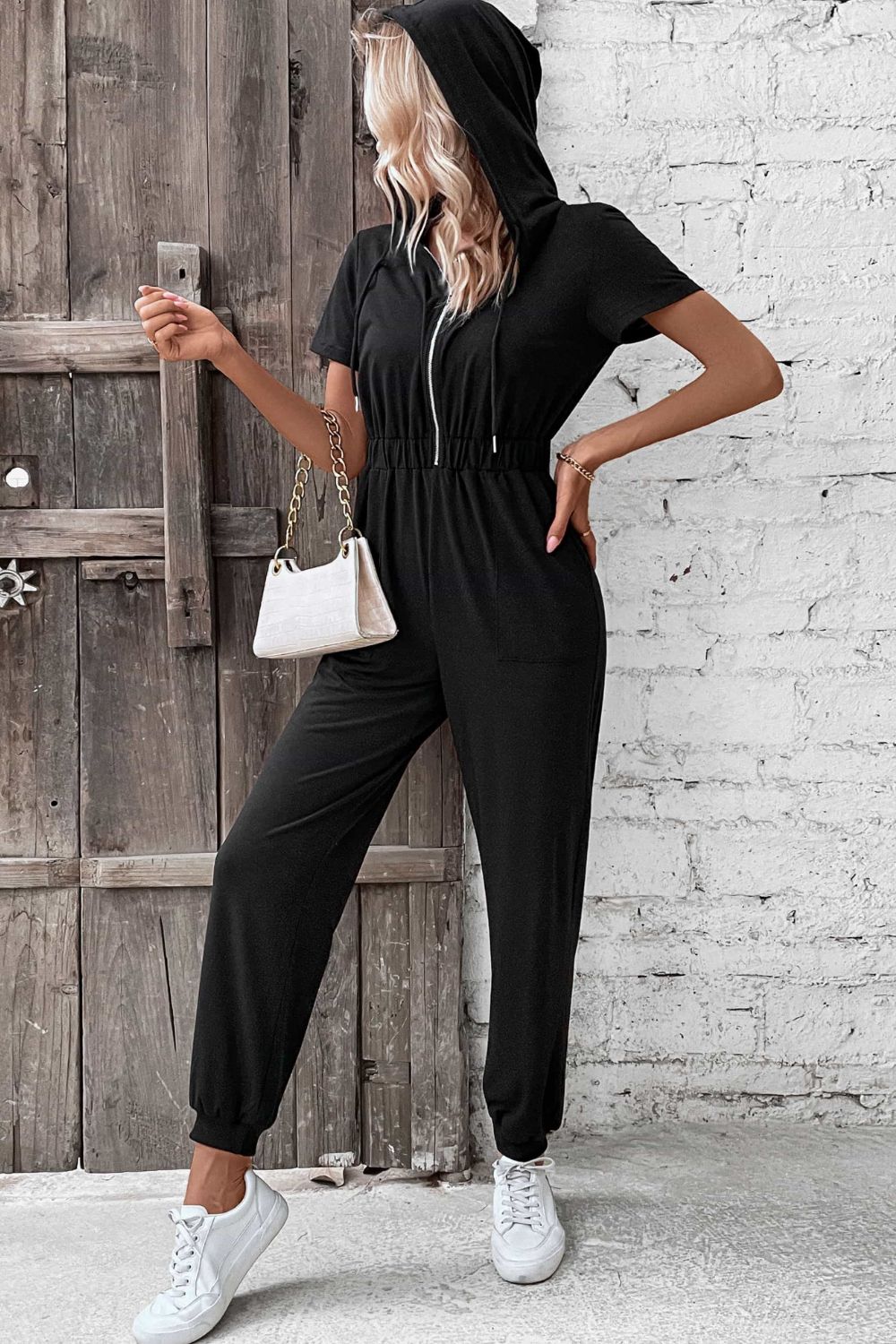 Perfee Zip - Up Short Sleeve Hooded Jumpsuit with Pockets - ViarousViarousViarous