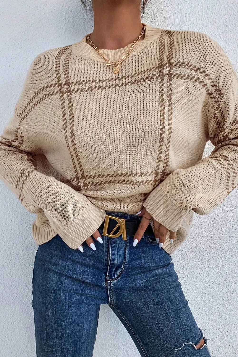 Plaid Round Neck Dropped Shoulder Sweater - ViarousViarousViarous