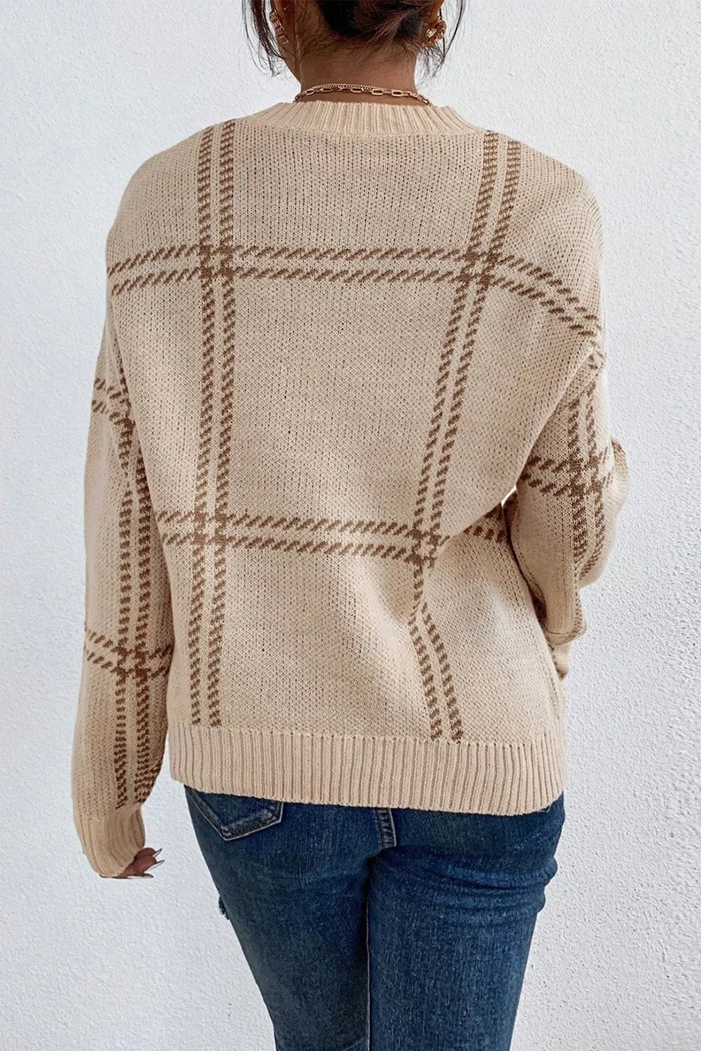 Plaid Round Neck Dropped Shoulder Sweater - ViarousViarousViarous