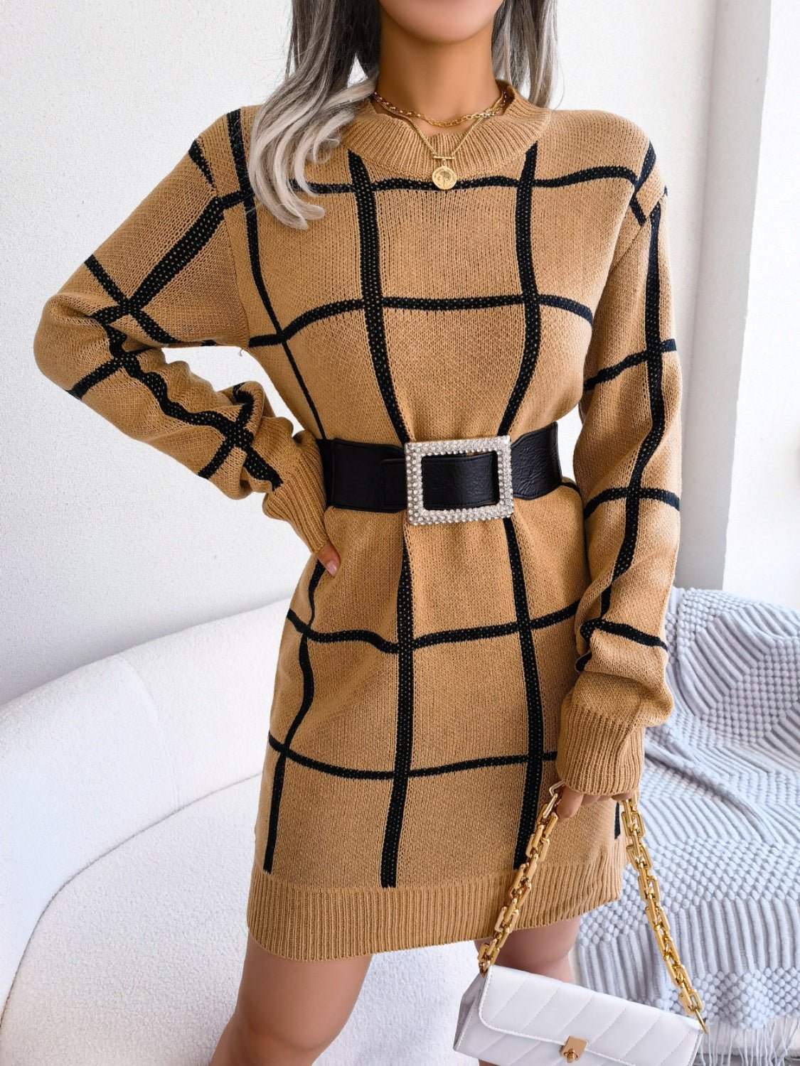 Plaid Round Neck Dropped Shoulder Sweater Dress - ViarousViarousViarous
