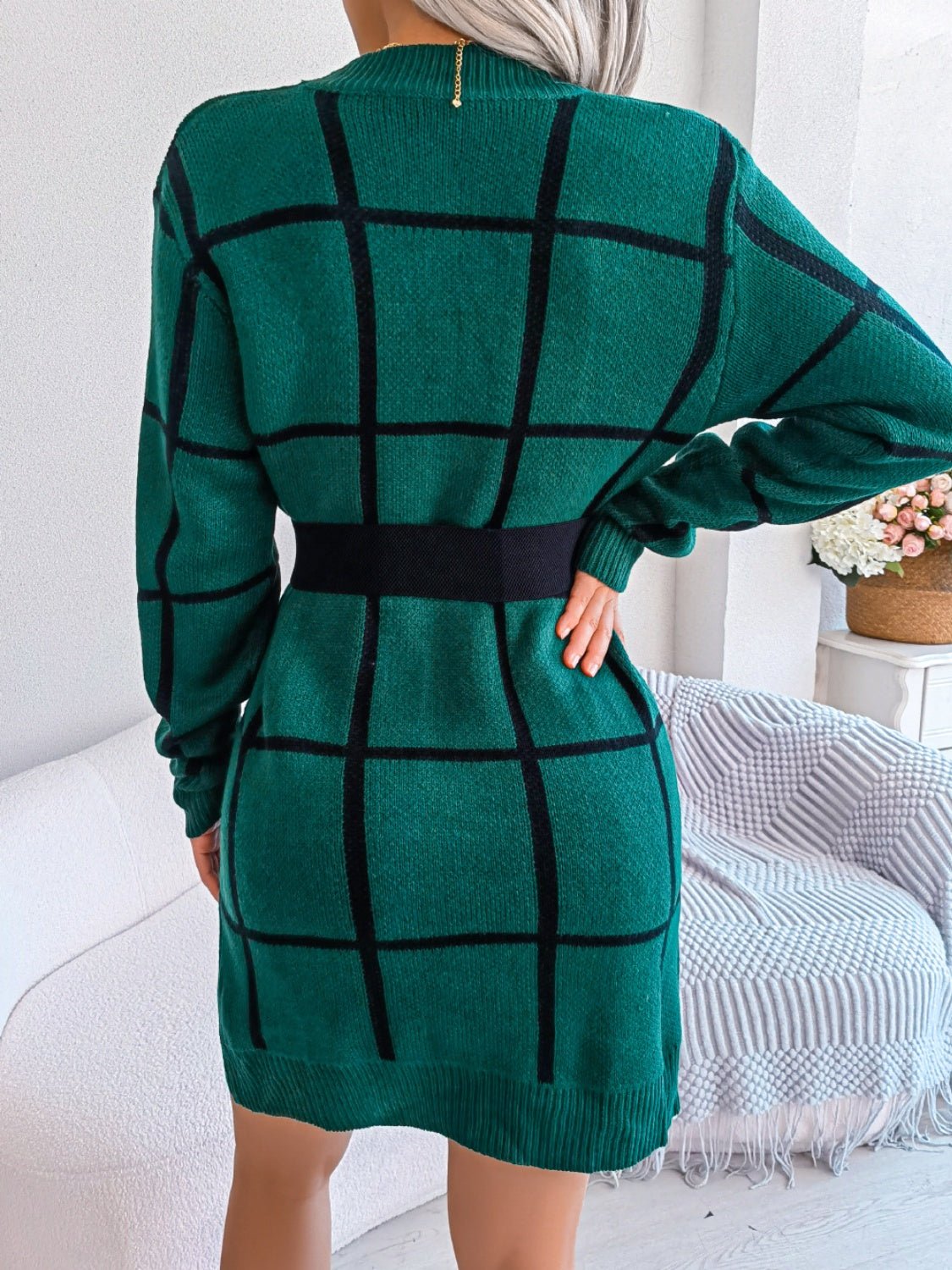 Plaid Round Neck Dropped Shoulder Sweater Dress - ViarousViarousViarous