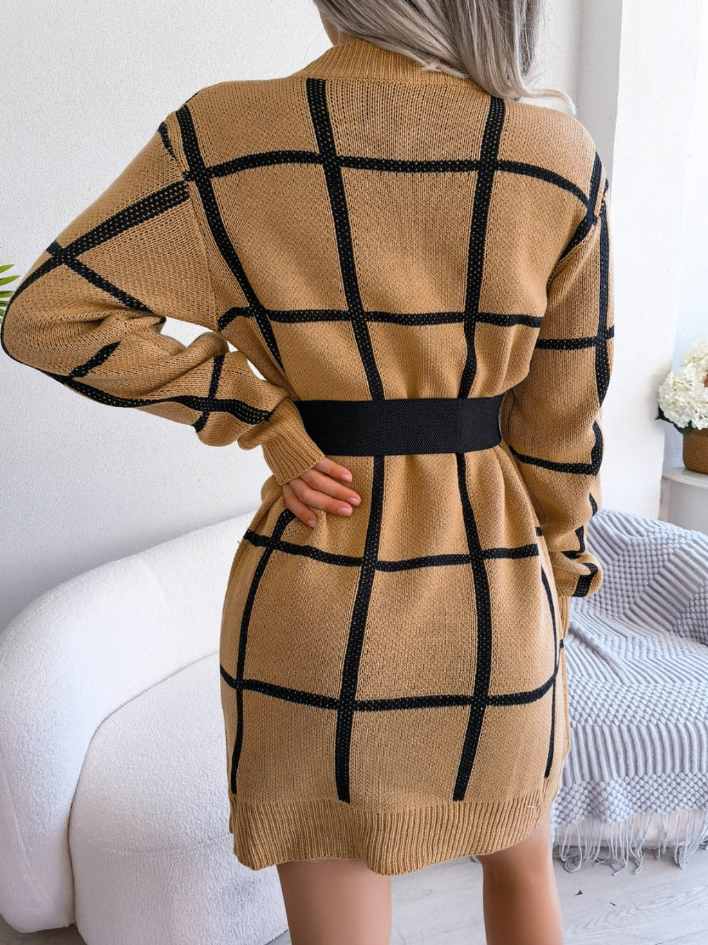 Plaid Round Neck Dropped Shoulder Sweater Dress - ViarousViarousViarous