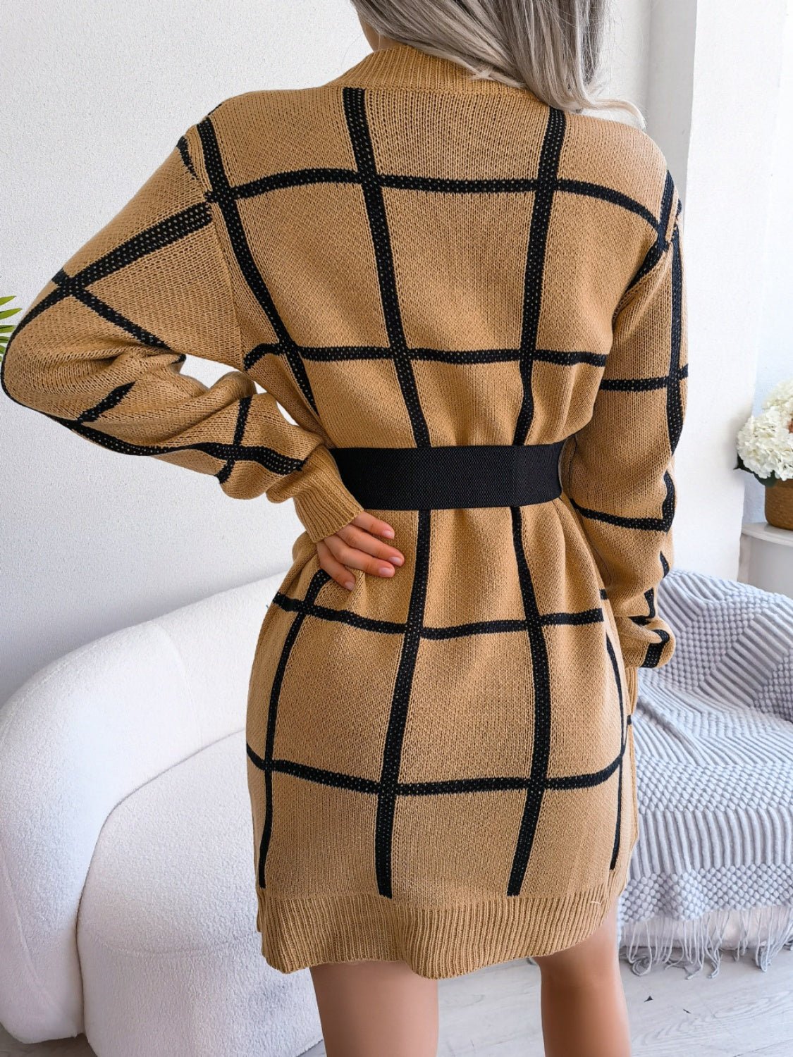 Plaid Round Neck Dropped Shoulder Sweater Dress - ViarousViarousViarous